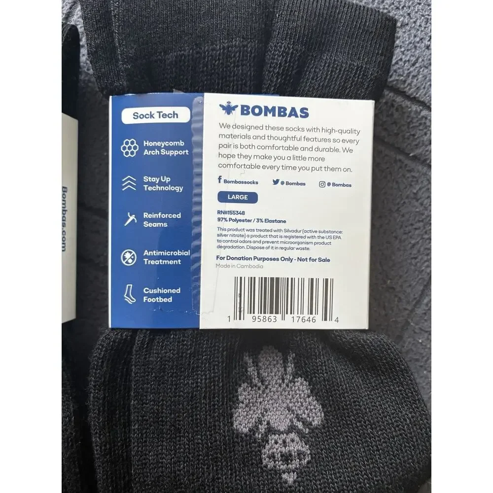 Bombas Men’s Large Black Crew Socks 2 Pairs Cushioned Arch Support